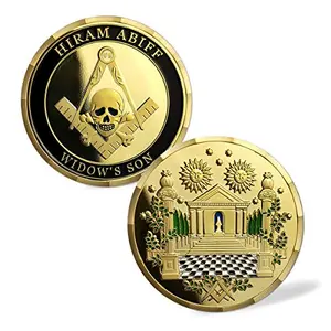 Masonic challenge coin with Hiram Abiff skull and square compass, and blue lodge checkered floor