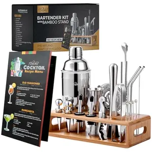 TEAVAS 25-piece cocktail shaker set with bamboo stand, including jigger, strainer, and pourers