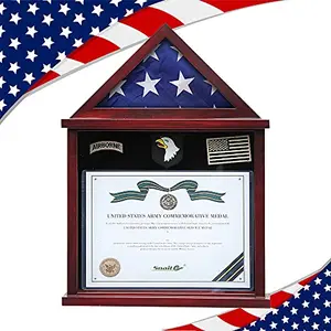Mahogany finish flag display case with certificate holder and felt lining for medals, holding a folded 3x5 American flag.