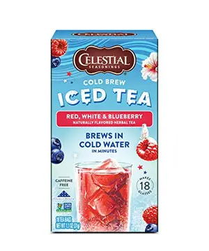 Celestial Seasonings Red White and Blueberry cold brew iced tea box with tea bags