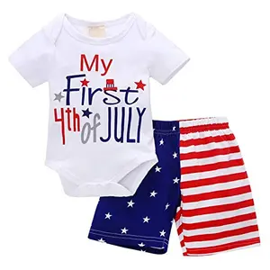 Baby boy in My First 4th of July romper and striped shorts