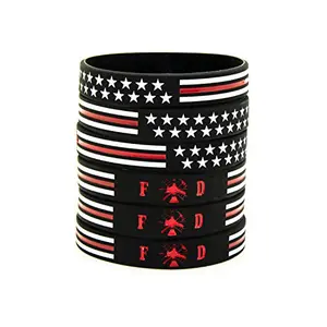 Set of 6 red line American flag rubber bracelets with FD logo