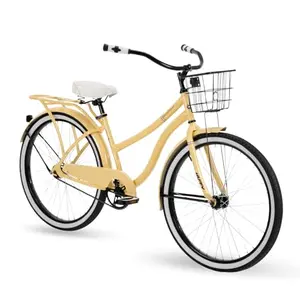 Cream yellow Huffy Woodhaven cruiser bike with front basket and rear rack