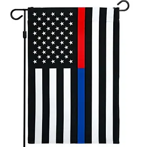 Double-sided garden flag with thin blue and red lines honoring police and firefighters