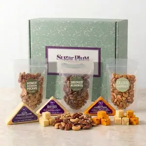 Cheese and Nuts Gift Basket with white cheddar, bacon cheddar, bruschetta jack, and flavored nuts