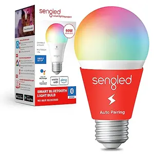 Sengled smart bulb glowing red and blue in a table lamp
