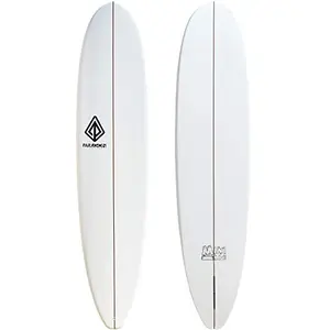 Paragon 8ft white fiberglass surfboard with single fin and glossy finish