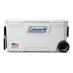 Multi-color Coleman marine cooler with UV coating and stainless steel hardware on wheels