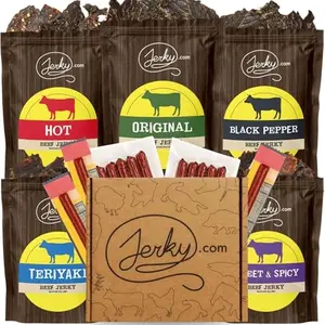 Jerky.com 21-piece beef jerky gift box with jerky bags, meat sticks, and cheese sticks