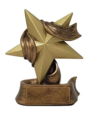 7-inch gold star trophy with vintage ribbon swirl base from Decade Awards