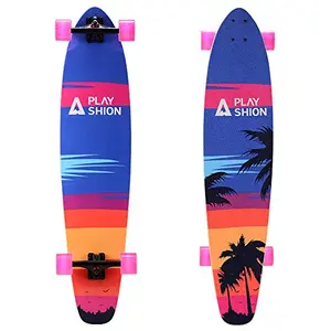 Playshion 42-inch coconut tree graphic longboard on a wooden floor.