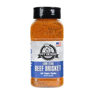 Pit Boss Lone Star Beef Rub on a grill next to smoked brisket