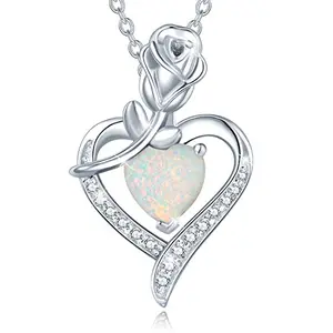 AGVANA Heart Opal Necklace with rose flower detail in sterling silver