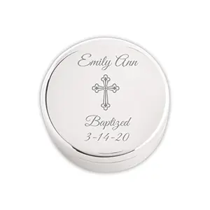 Cherished Moments Round Silver-Toned Personalized Jewelry Box for Baptism