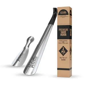 Velette 16.5 inch and 7.5 inch metal shoe horns on gray background