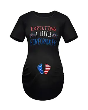 Black maternity t-shirt with 'Expecting A Little Firecracker' design for 4th of July