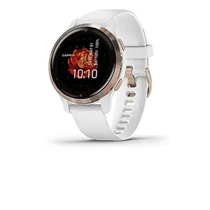 Garmin Venu 2S smartwatch with rose gold bezel and white silicone band, advanced health monitoring