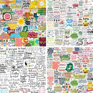 Colorful motivational word stickers of various shapes