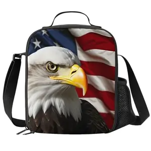 Small eagle-themed lunch bag with shoulder strap and mesh side pocket