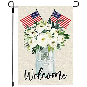 PANDICORN patriotic garden flag with mason jar greenery and welcome message