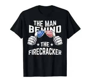 Men's t-shirt with 'The Man Behind The Firecracker' USA flag design for 4th of July pregnancy announcement