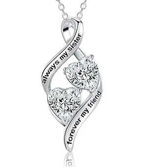 White gold plated winged heart pendant necklace with two hearts and cubic zirconia