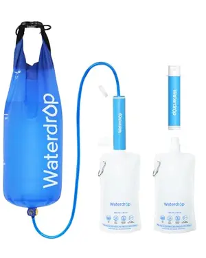 Waterdrop gravity filtration system hanging from a tree