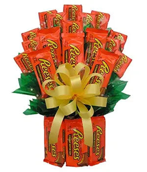 Chocolate peanut butter candy bar bouquet in a gift box with yellow bow