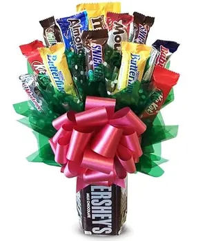 Chocolate candy bouquet with Hershey bar vase and assorted fun size chocolates