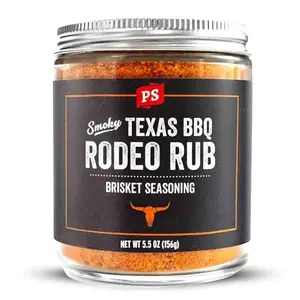 PS Seasoning Texas-Style Brisket Rub jar with grilled brisket