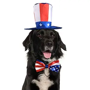 Vehomy Uncle Sam dog top hat and American flag bow tie set