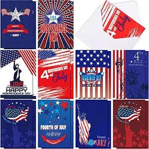 20 assorted July 4th greeting cards with red, white, and blue designs
