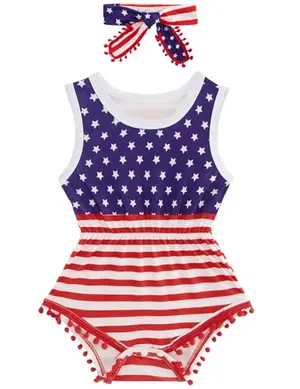 Baby girl wearing UNICOMIDEA flag romper with floral print and headband