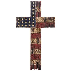 HL Home resin cross with distressed American flag design and wood texture