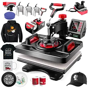 AKEYDIY Professional 8 in 1 Heat Press Machine with 360 swing and multiple attachments for t-shirts, mugs, hats and plates