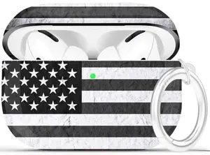 YOMPLOW American Flag AirPods Pro case cover with black and grey flag design and carabiner
