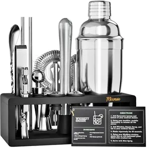 MixMate 14-piece stainless steel bar tool set with dark wood stand and recipe booklet