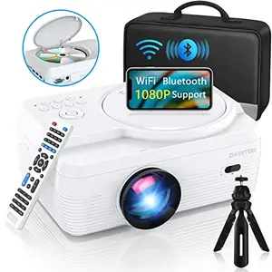 White Dxyiitoo mini projector with built-in DVD player, remote, and projected image