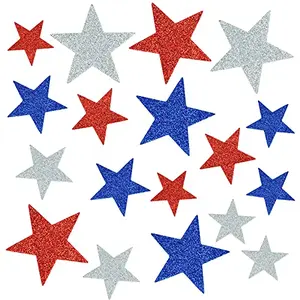 Pack of 150 patriotic glitter foam star stickers in red, blue, and silver