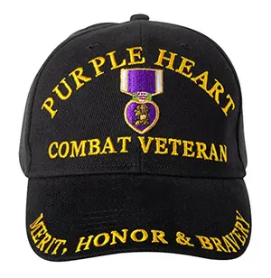 Black adjustable hat with purple heart combat veteran embroidery