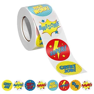 Roll of reward stickers with superhero-themed designs and motivational words