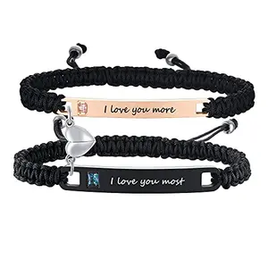 Personalized stainless steel couple bracelets with engraved names on black wax cord