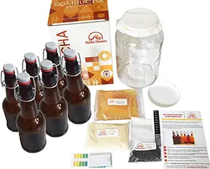 Bucha Brewers deluxe kombucha kit with gallon jar, SCOBY, and six amber swing-top bottles