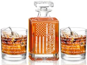 Whiskey Decanter Set with American Flag Engraving and Two Glasses