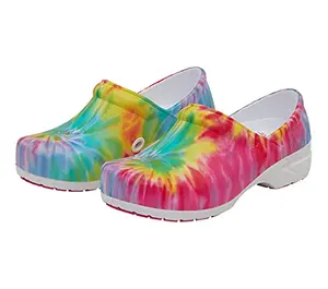 Anywear SR Angel nursing clogs in vivid tie-dye pattern