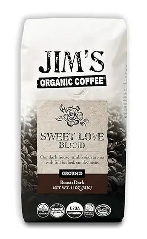 Jim's Organic dark roast ground coffee bag