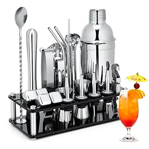 KINGROW 23-piece bartender kit with acrylic stand and whiskey stones on bar cart