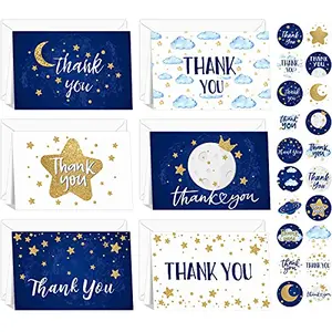 Blue starry thank you cards with gold foil stickers and navy envelopes