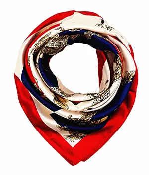 RUOLIN large square red white blue scarf shown as a stylish head wrap