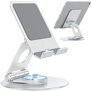 OMOTON silver tablet stand with swivel base on a desk